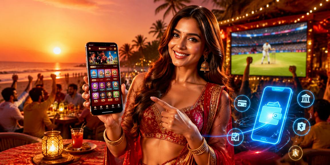 User making mobile payments for online betting on Goa beach