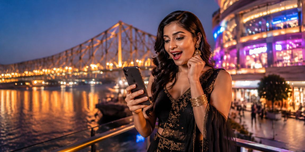 Neon-lit mobile casino scene near Kolkata Howrah Bridge at night